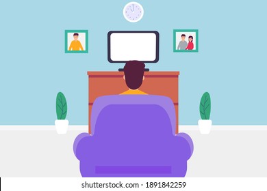Man watching TV 2D flat vector concept for banner, website, illustration, landing page, flyer, etc.