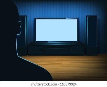 Man watching tv in the blue room. Front view. Vector art.