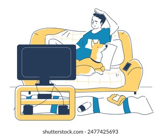 Man watching tv concept. Young guy sitting at sofa with dog. Entertainment and leisure indoors. Character with show at television. Linear flat vector illustration isolated on white background
