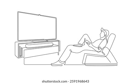 Man is Watching TV Continuous One Line Drawing. Watching TV Concept Line Art Hand Drawn Vector Illustration. Outline Drawing of Living Room Interior Minimalist Design Isolated on White. Not AI