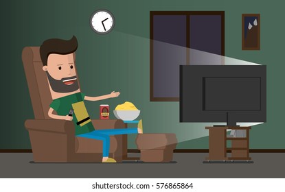 Man watching TV and drinking beer, vector illustration. Lazy slacker in the chair watch television