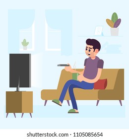 Man watching TV and drinking coffee on sofa in home room interior vector illustration. Man on sofa watch tv, illustration of male in room with tv screen