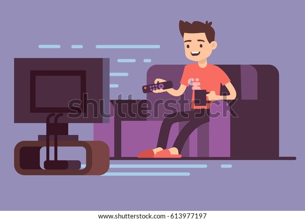 自宅の部屋のインテリアベクターイラストで テレビを見たり ソファでコーヒーを飲んだりする男性 ソファーの男性がテレビを見 部屋の男性がテレビ画面を持つイラトス のベクター画像素材 ロイヤリティフリー