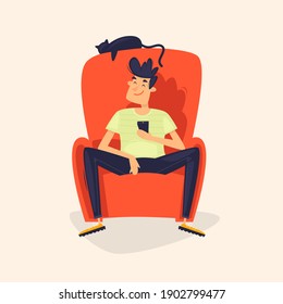 El hombre está viendo la televisión. Ilustración vectorial de diseño plano.