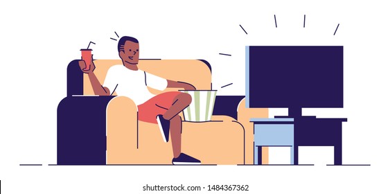 Man watching TV flat vector illustration. Boy, student, teenager enjoys movies with popcorn and soda. Bachelor sitting on sofa near TV set cartoon character with outline elements on white background
