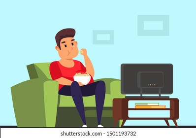 Man watching TV flat vector illustration. Lazy overweight guy relaxing at home. Unhealthy lifestyle. Bad habits. Obese male color cartoon character sitting on couch and eating junk food