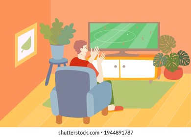 Man Watching Tv. The Guy Sits On A Chair And Watches Football. Living Room Interior. Self-isolation. Stock Vector Illustration.