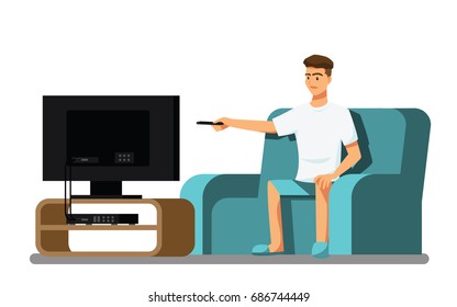 man watching TV happily on a white background  ,Vector illustration 