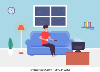 Man watching TV at home 2D flat vector concept for banner, website, illustration, landing page, flyer, etc.