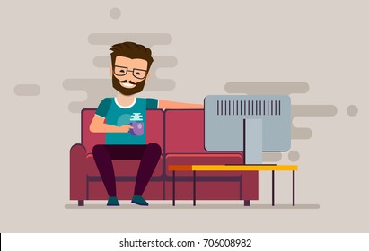 Man is watching TV on the couch with a cup. Vector illustration. Watching TV, relaxing at home on the couch