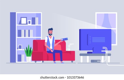 Man watching TV on sofa in home room interior Man on sofa watch tv, illustration of male in room with tv screen Vector in flat style.