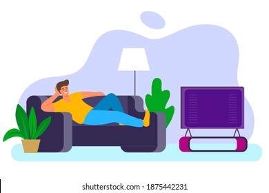 Man watching TV on sofa in home room interior vector illustration Man relax at home on couch Illustration of male in room with tv screen