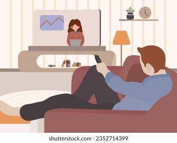 Man watching TV on sofa in home room interior vector illustration. Man on sofa watch tv, illustration of male in room with tv screen. people watching tv vector flat style cartoon illustration
