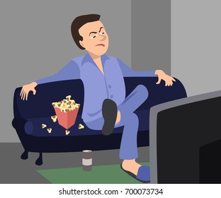 man watching TV with sarcastic expression cartoon