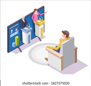 Man Watching Tv Show With Presidential Election Candidate Debate. Political Debate And Democracy Concept Vector Illustration In Isometric Style. Politician Speech.