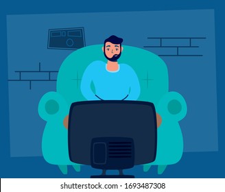 man watching tv stay at home campaign vector illustration