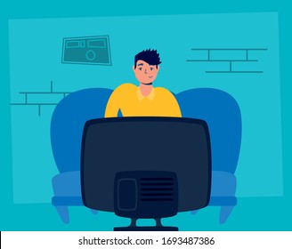 man watching tv stay at home campaign vector illustration