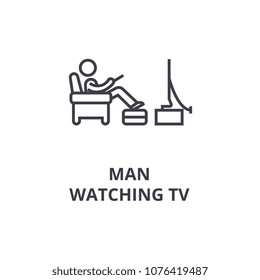 man watching tv thin line icon, sign, symbol, illustation, linear concept, vector 