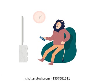 Man watching TV vector illustration. Guy spending weekend at home isolated clipart. Lion metaphor for human. Flat character sitting in armchair, switching channels. Lazy husband design element
