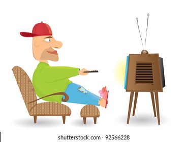 Man watching TV. Vector illustration.