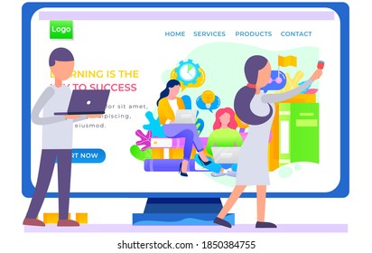 A man watching a video blog about education, studying is the key to success landing page template. Office staff meeting, company employees. Young people sitting with laptop next to stacks of books