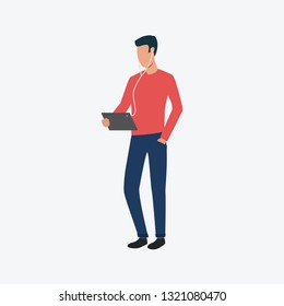 Man watching video flat icon. Standing guy with earphones using tablet. Media content concept. Can be used for topics like video talk, communication, connection