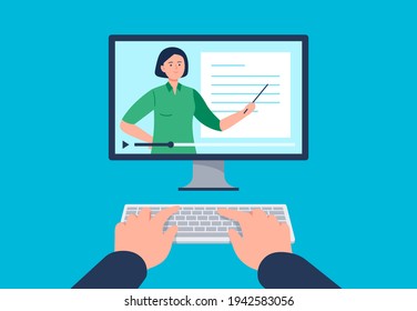 A man is watching a video on the computer. Watching a course, webinar, tutorials online. Vector flat illustration.