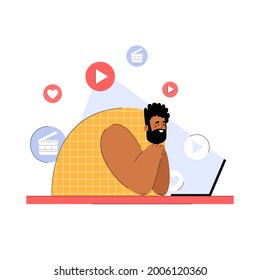 Man watching a video on a computer in a trending style. Distance learning. Vector illustration