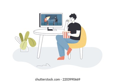 Mann, der Video auf Computer-flach Vektorgrafik. Männlicher Charakter sitzt am Tisch und isst Popcorn. Freizeitaktivitäten, Unterhaltungskonzept für Banner, Website-Design oder Landing-Webseite