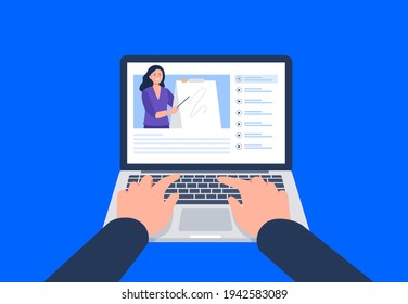 A man is watching a video on the laptop. Watching a course, webinar, tutorials online. Vector flat illustration.