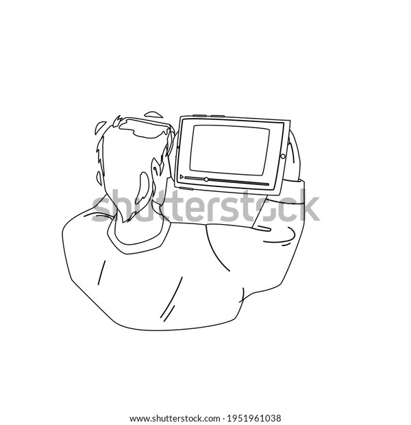 Man Watching Video On Tablet Digital Device Black Line\
Pencil Drawing Vector. Young Boy Watching Video On Electronic\
Gadget. Character Watch Online Movie Stream Or Film On Mobile Media\
Technology 
