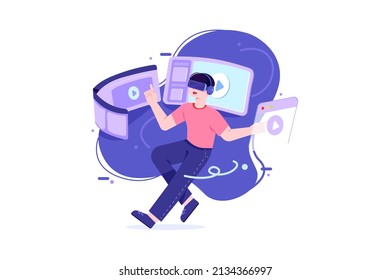 Man watching video using Virtual Reality Illustration concept. Flat illustration isolated on white background.
