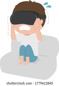 Ein Mann, der VR beobachtet. Illustration, dass ein Mann Angst hat, einen Horrorfilm zu sehen.
