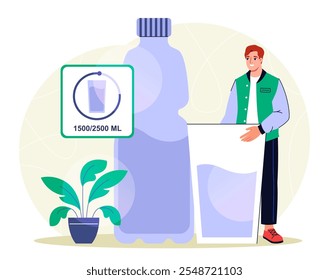 Man with water balance. Young guy with glass and bottle of water. Person fighting thirst. Active and healthy lifestyle and sports. Flat vector illustration isolated on white background