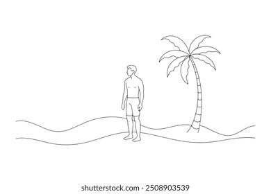 a man in water beside a palm tree on the shoreline, capturing a serene coastal scene One line continuous line art vector illustration on white background