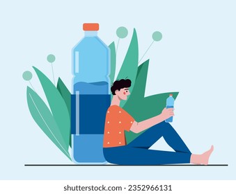 Man with water bottle concept. Young guy with clean and pure liquid. Freshness and aqua, H2O. Fight thirst and restore water salt balance. Poster or banner. Cartoon flat vector illustration