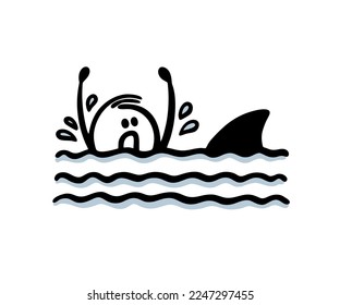 A man in the water calls for help, screams and is afraid of a shark. Vector illustration of a bather in danger and the fin of a predatory fish.