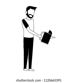 Man with water can in black and white