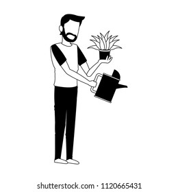 Man with water can in black and white