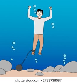 Ein Mann ist im Wasser mit Ketten um seine Knöchel