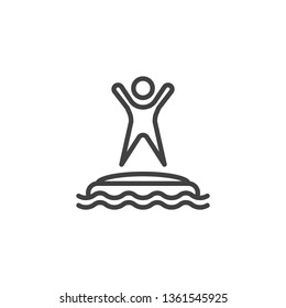 Man in water park trampoline line icon. linear style sign for mobile concept and web design. Summer aquapark trampoline outline vector icon. Symbol, logo illustration. Pixel perfect vector graphics