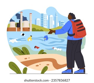 Man with water pollution concept. Young guy looks at garbage in river or lake. Plastic bottles and cans. Activist and volunteer care about ecology and nature. Cartoon flat vector illustration