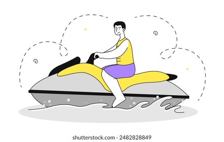 Man at water scooter. Young guy on water transport. Tourist in tropical and exotic country. Active lifestyle and extreme sports. Linear vector illustration isolated on white background