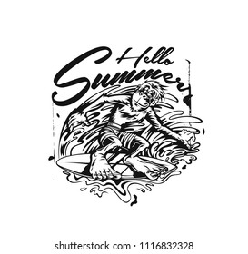 Man water skiing with hello summer, vector illustration.