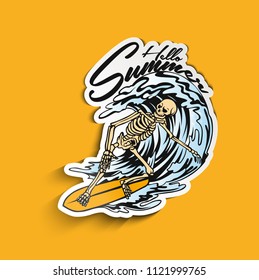 Man water skiing with hello summer, vector illustration.