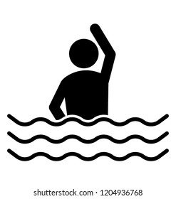 Man in water waves and hand up characterizing drowning man icon 