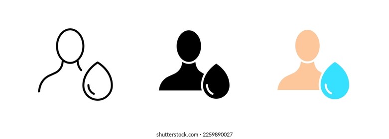 Man with a waterdrop. Drinking clean water, drink, hygiene, cleanliness, moisturizing, useful elements, personal care. Vector set icon in line, black and colorful styles isolated on white background