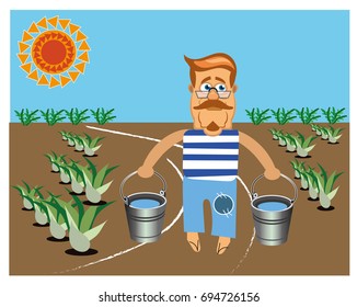 The man watered the vegetable garden at the dacha. Vector illustration