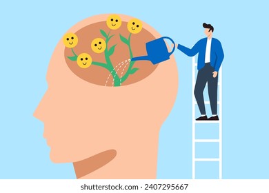 El cerebro de riego del hombre y el crecimiento de la planta facial feliz en diseño plano