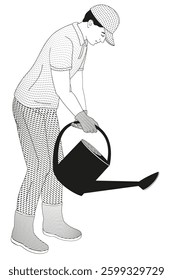 Man  watering with watering can black and white vector illustration